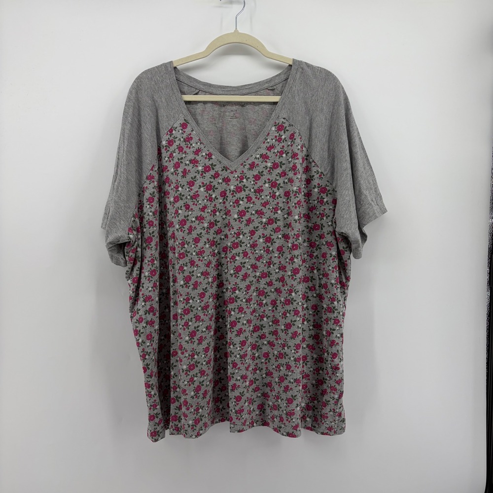 Woman Within Womens 2X Gray Pink Floral V-Neck Raglan Short Sleeve T-Shirt